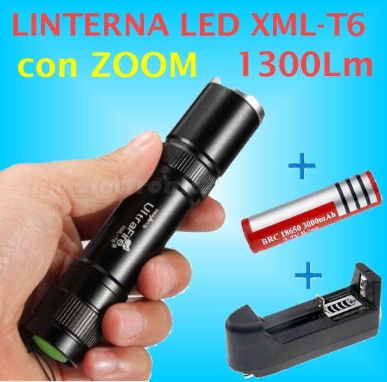 Linterna LED CREE XML T6, 1.300 Lumen 5 modos con Zoom de 12,5